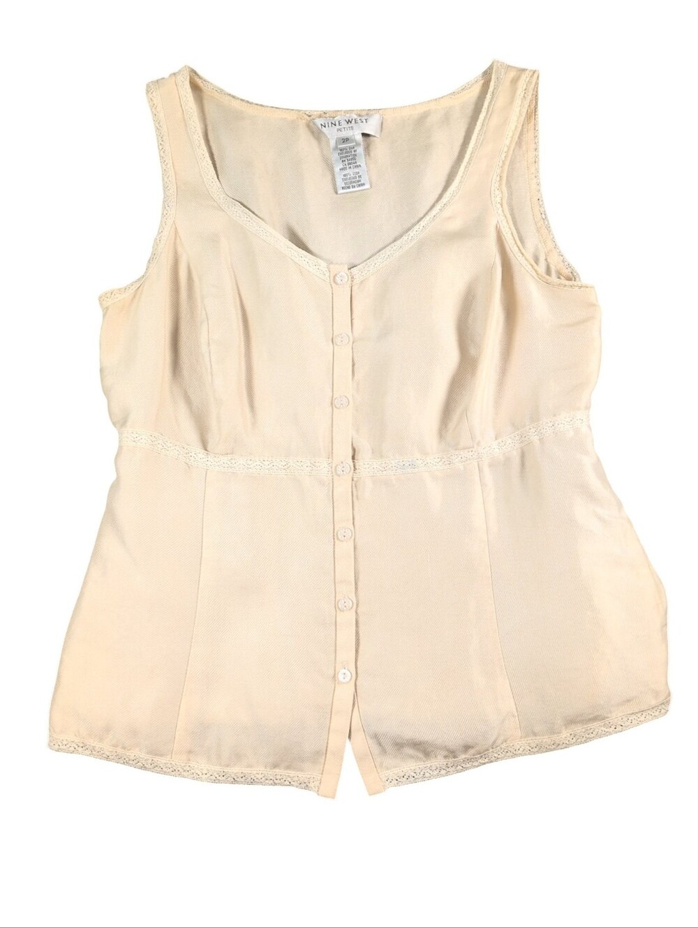 Nine West Vintage Light Cream Lace-Trim Button Tank Minimalist